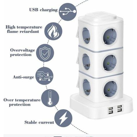 Tour Multiprise,12 Prises Multiprise Electrique-2500W / 10A-avec 4 Ports USB,Multi Prises électriques Parafoudre -Rallonge 3M (1/5)