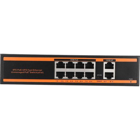 Switch PoE 10 ports, 8 ports PoE 100 Mbps, 2 ports RJ45 100 Mbps, conception sans ventilateur, prêt à l'emploi, compatible avec routeurs, prise UE, 100-240 V (1/5)