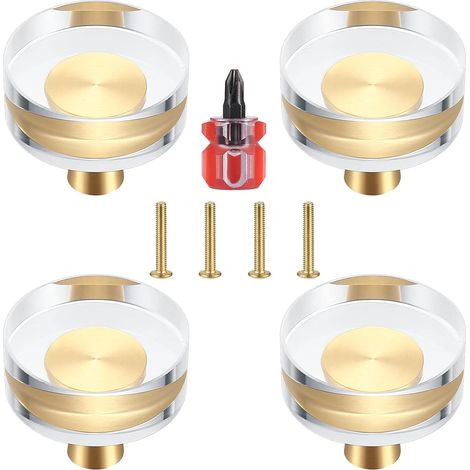 Lot de 4 Boutons de Porte en Cristal Transparent et Laiton pour Armoires, Tiroirs, Placards et Meubles - 30x27 mm (30x27 mm) (1/5)