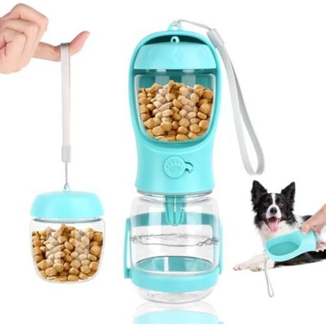 Tragbare Hunde-Trinkflasche mit Kippschutz und Katzenfutterspender – 350 ml, blau