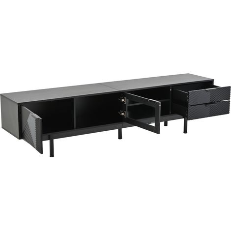 Meuble TV noir moderne 200x40x50,5 cm avec 2 portes (verre trempé) et 2 tiroirs, adapté pour TV 80 pouces (1/5)