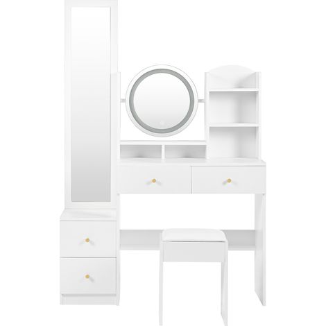 Tocador 4 en 1 con espejo de cuerpo entero, espejo giratorio, LED 3 colores y taburete (1/5)
