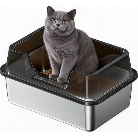 Litière pour chat XXL en acier inoxydable – Capacité supérieure – Nettoyage aisé – Bords hauts amovibles anti-projections – Anti-odeur, idéale grands chats ou multiples – Pelle incluse, 50x35x22cm, no (1/5)