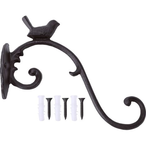 Support mural robuste en fonte pour plantes, crochet décoratif style vintage avec motif d'oiseau, pour mangeoire, lanterne, jardinière ou carillon éolien extérieur, noir. (1/5)