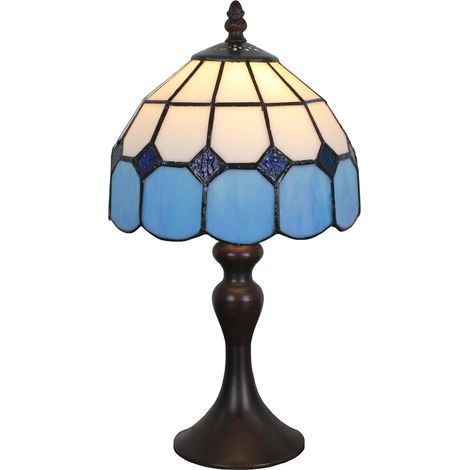 Tiffany-Lampe, 20 cm hohe Tischlampe im mediterranen Stil mit blauem Buntglas-Finish, geeignet fürs Schlafzimmer, Vintage-Nachtlicht im europäischen Stil, geeignet fürs Wohnzimmer