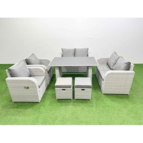 Fimous 7 Pieces Outdoor PE Rattan Sofa Reclining Chair Set Patio Garden Furniture Sets with Cushions 2 Small Stools Light Grey (1/4)