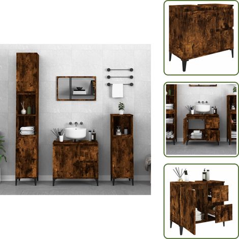 The Living Store Armadietto Bagno Rovere Fumo 65x33x60 cm in Legno Multistrato - Armadio da bagno