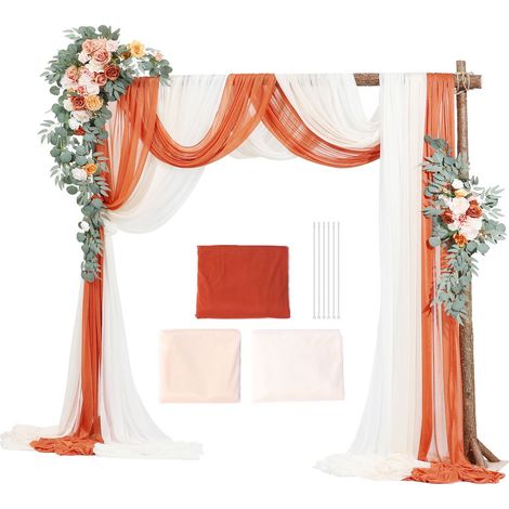 Kit de Fleurs pour Arche de Mariage Orange, avec Draperies (Lot de 5) - 2 Compositions Florales, 3 Draperies en Voile, pour Cérémonie et Réception (1/5)