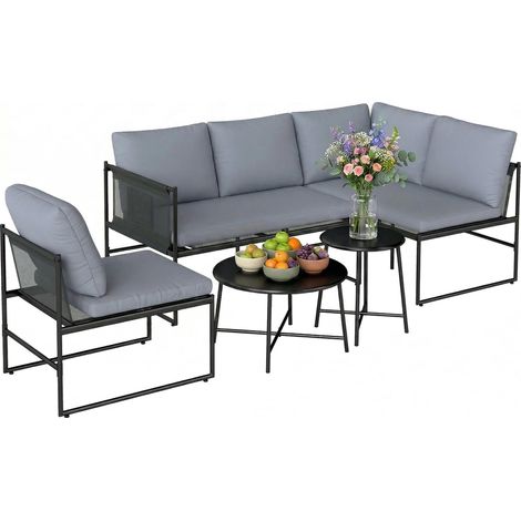Ensemble de mobilier de jardin lounge pour 4 à 5 personnes, comprenant un canapé de jardin 2 places, une table basse, une chaise et des coussins épais lavables.