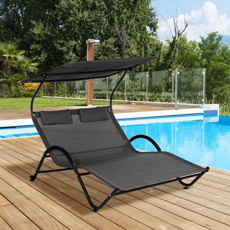 Chaise longue bain de soleil transat avec auvent oreiller et roulettes en acier et polyester gris foncé