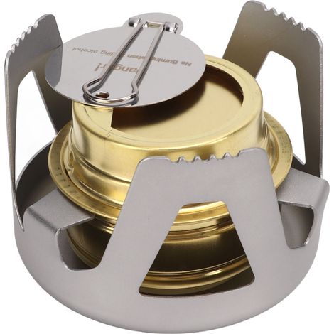 Poêle de camping à alcool portable, sécurisé et performant pour randonnée et pique-nique, avec housse de transport, couleur argentée. (1/5)