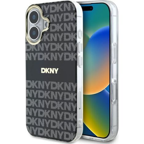 iPhone 16 DKNY schwarze Hartschalen-Hülle mit sich wiederholendem Texturmuster (1/5)