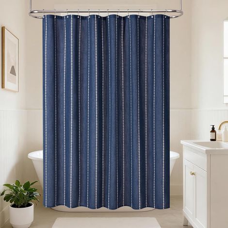 Rideau de Douche Bohème à Bande, Tissu Polyester-Lin à Bande, Revêtement Imperméable Rideaux de Douche pour Salle de Bain Style Campagnard Rustique Shabby Chic Neutre, 182 x 182 cm (1/5)