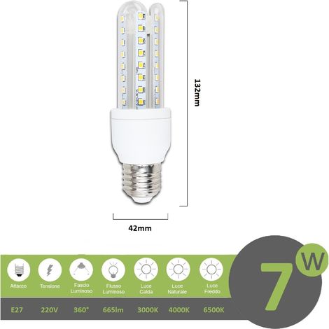 Lampadina led E27 7w 3U luce tubolare tubo attacco grande lineare bianca fredda naturale calda Naturale 4000k