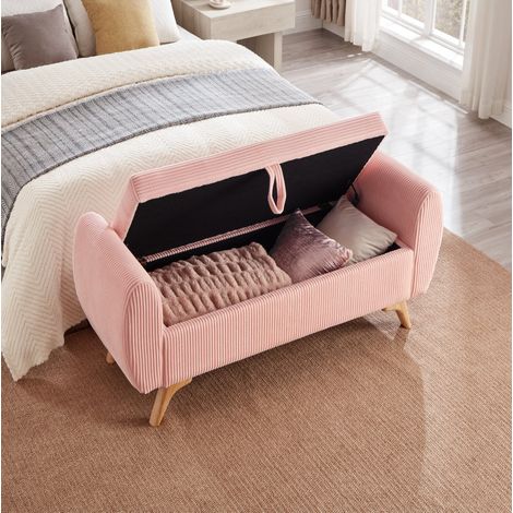 Banc coffre pliable en velours côtelé avec pieds en bois 145 x 51 x 45 cm rose OKWISH (1/5)