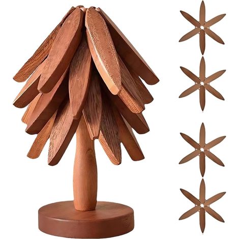 dessous de plat en bois en forme d'arbre + 1 support en bois de sapelli, rangés comme un sapin de Noël (1/5)