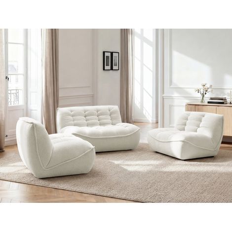BOBOCHIC - Canapé droit fixe modulable SERENA avec 2 chauffeuses 1 place et 1 chauffeuse 2 places tissu chiné Blanc (1/5)