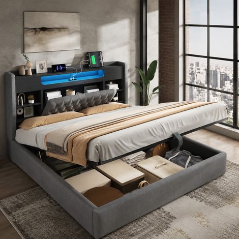 Lit rembourré 180x200 cm gris avec coffre hydraulique LED USB et Type-C (1/5)