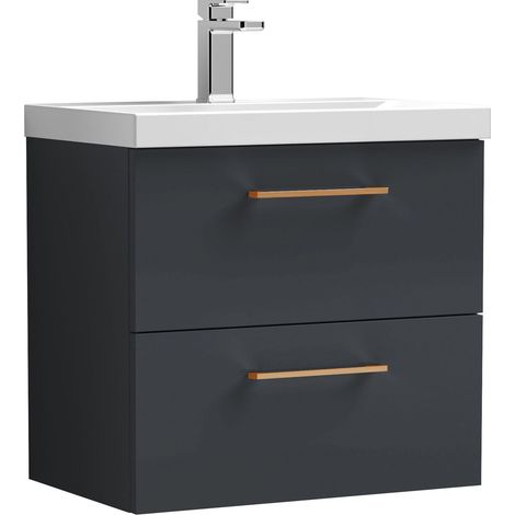 Balterley 600mm Wall Hung Bathroom 2 Drawer Vanity Unit and 1 Tap Hole Ceramic Basin, Satin Dark Grey with Copper Handles
