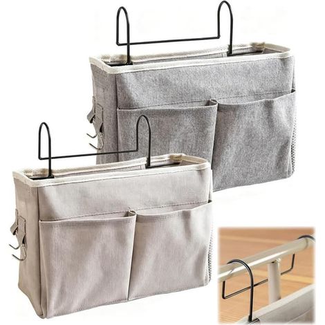 Sacs de rangement suspendus avec crochet pour lit - Organisateur de lit - Idéal pour ranger livres, journaux, écouteurs et autres objets - Gris, Blanc (1/5)