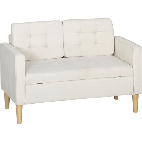 Canapé deux places avec rangement, capitonnage à boutons, coussins, bois d'hévéa, 117 x 62 x 78 cm, blanc crème (1/5)