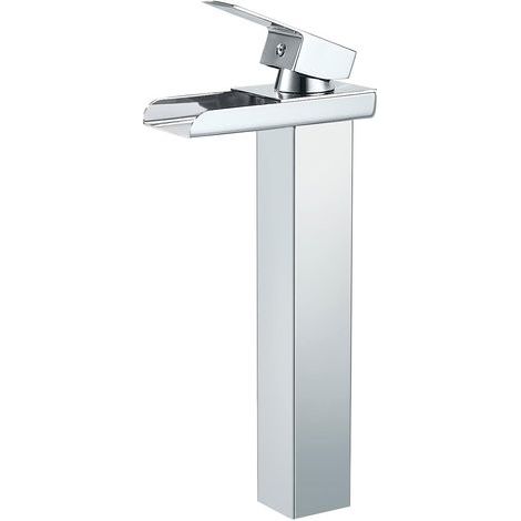 Grifo de baño cromado con efecto cascada, grifo mezclador moderno de lavabo con efecto cascada, grifo de lavabo con caño alto, grifo de lavabo de encimera de latón, agua fría y caliente disponible, G (1/5)