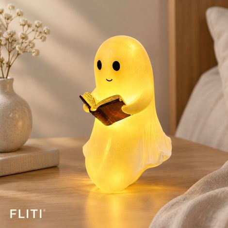 FLITI Ghost Bedside Lamp in Resin Holding a Book, Small Model 9.5x8.5x14cm, Halloween Decoration, Warm Light (1/5)