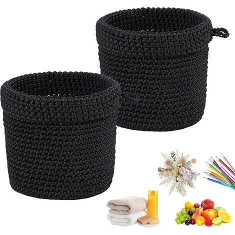 2 Pièces Panier Mural Tissé Suspendu, avec poignée, corde coton, fait main. Pour cuisine, salle de bain, salon, bureau. Noir. - Noir (1/5)