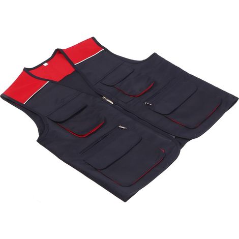 Men's Red and Navy Blue Work Vest, High Visibility Vest with Front Zipper, Multiple Pockets, Cotton Blend, for Photography, Fishing, Construction (1/5)