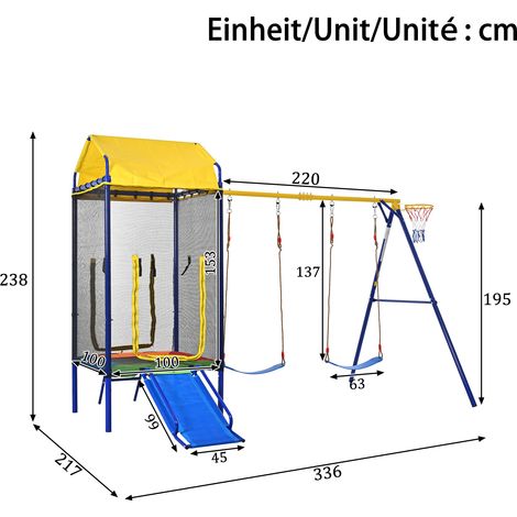 Balançoire enfant multifonction cadre escalade trampoline toboggan panier basket filet sécurité pour jardin extérieur.