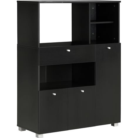 Mobile contenitore multiuso per microonde con 2 ante, 4 nicchie e un cassetto scorrevole, dimensioni 90L x 40W x 120H cm, in legno nero.