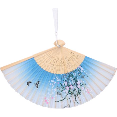 Éventail pliant décoratif motif pivoine et papillons bleus - Cadeau original pour danseurs ou décoration intérieure (1/5)