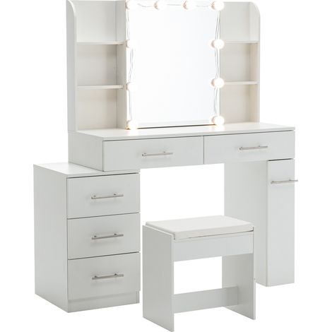 CHICFURN Tavolo trucco 100 x 40,5 x 136 cm bianco in MDF con specchio LED e sgabello (1/5)