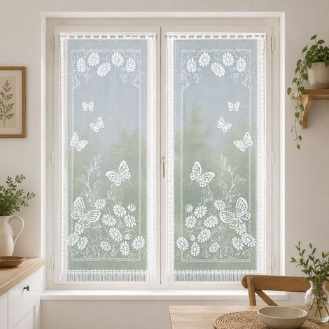 Paire de vitrages frangés et dentellés papillons Blanc 60x160 cm (1/2)
