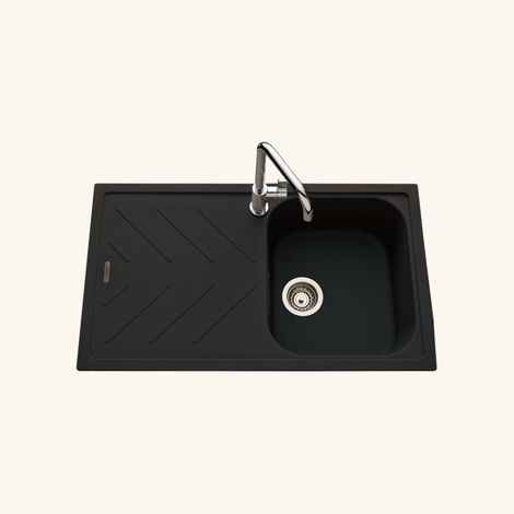 Évier granit noir 86x50 cm – Évier encastrable réversible 1 bac avec vidage manuel – Bonde et siphon inclus – Luisina (1/3)