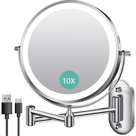 8 Pouces Miroir Grossissant Lumineux Mural x10, Miroir Grossissant Mural avec 3 Modes de Couleur, 1X/10X Grossissement Charge USB, Écran Tactile, 360° Pivotant et Extensible pour Salles de Bain