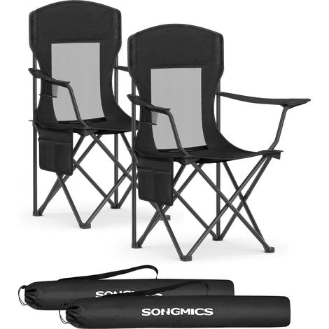 Lot de 2 Chaises de Camping, Chaises Pliantes, Chaises de Pêche, Dossier Haut, Accoudoirs Réglables, Porte-Gobelet, Supporter jusqu’à 150 kg, pour Camping, Jardin, Noir d’Encre (1/5)