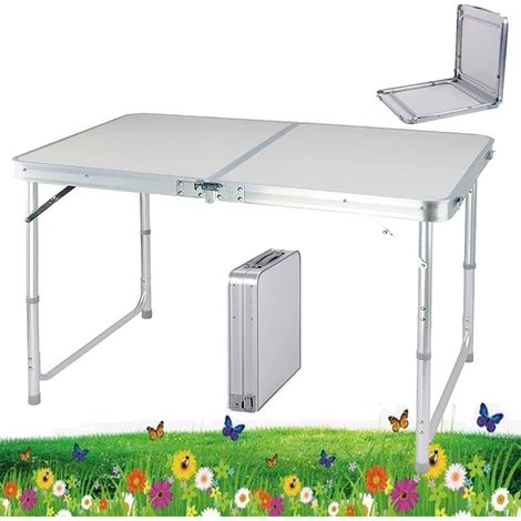 4ft Pop-Up Trestle Table Aluminum Rectangle Camping Folding Table Portable Adjustable Garden Outdoor Picnic Table Kitchen Work Top Table, White, 120x60x70/62/55cm (1/5)