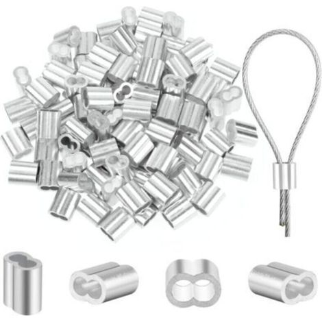 Confezione da 100 fascette per cavi da 2 mm - Manicotti a crimpare in alluminio da 2 mm - Manicotti di serraggio - Fascette per cavi - Alluminio - Anello a crimpare per fune metallica -Crezuo