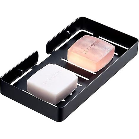 Porte-savon carré sans perçage en acier inoxydable avec égouttoir pour salle de bain et cuisine (23 cm, noir) (1/5)