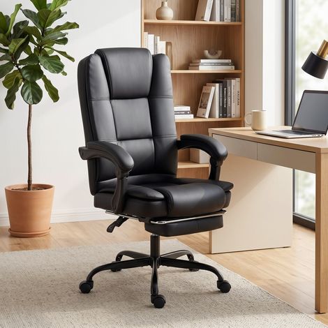 Chaise de bureau ergonomique inclinable, fauteuil en similicuir noir avec repose-pieds escamotable, assise réglable en hauteur. (1/5)