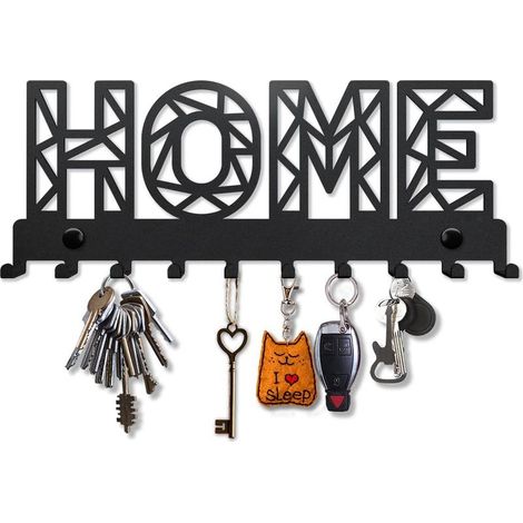 Porte-clés mural métal HOME, 8 crochets, design Home Sweet Home, support clés décoratif noir pour entrée cuisine (1/4)