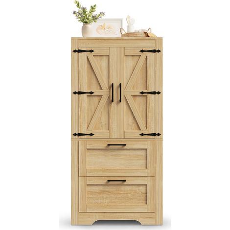 CHICFURN Aparador de cocina 60 x 30 x 128 cm de MDF natural, estilo granja, 2 cajones (1/5)