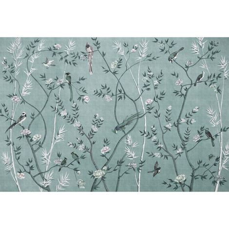 Papier peint panoramique tendance pour salon Tapisserie panoramique bleue à motif oiseaux et branchages Papier peint panoramique élégant forêt (1/2)