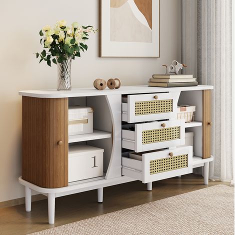 REDOM - Buffet 140,5x40x76 cm rangement élégant pieds en bois blanc et naturel (1/5)