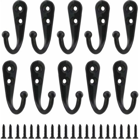 Lot de 10 crochets muraux rétro en métal noir, crochets à vis simples, fixation murale vintage pour peignoirs, étagères, tiroirs, casiers, salle de bain avec 20 vis (1/5)