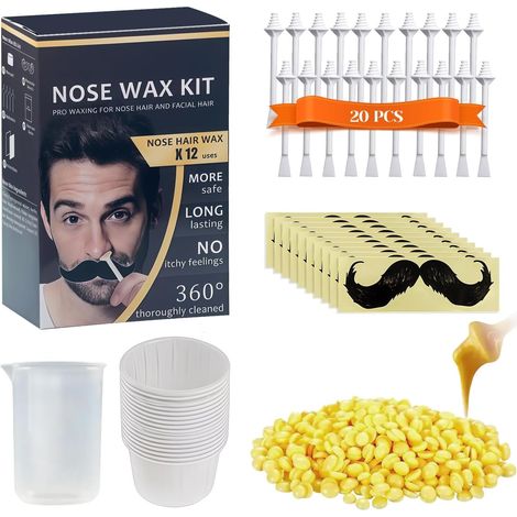Kit de cire pour nez, Cire Épilatoire Nez, épilation du nez, 100g de cire avec 20 applicateurs, Autocollants Barbe Moustache, Épilation rapide et efficace, Usage simple et hygiénique (1/5)