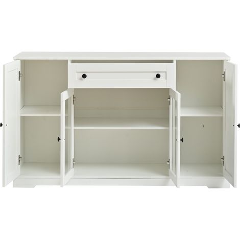 Credenza bianca moderna con 4 ante, 2 ante in vetro, 1 cassetto, 138 x 40 x 83 cm (1/5)