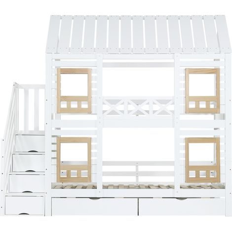 Letto a castello per bambini 90x200 cm bianco e naturale con scala contenitore e cassetti (1/5)