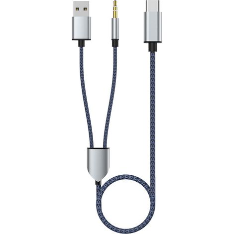 Câble audio de voiture 2 en 1 de type C, comprend 1 répartiteur et 2 câbles audio Type-C vers USB-A 3,5 mm, bleu.